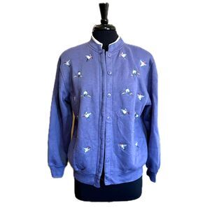 Purple Button-up Crewneck Sweatshirt Bird Embroidery Medium